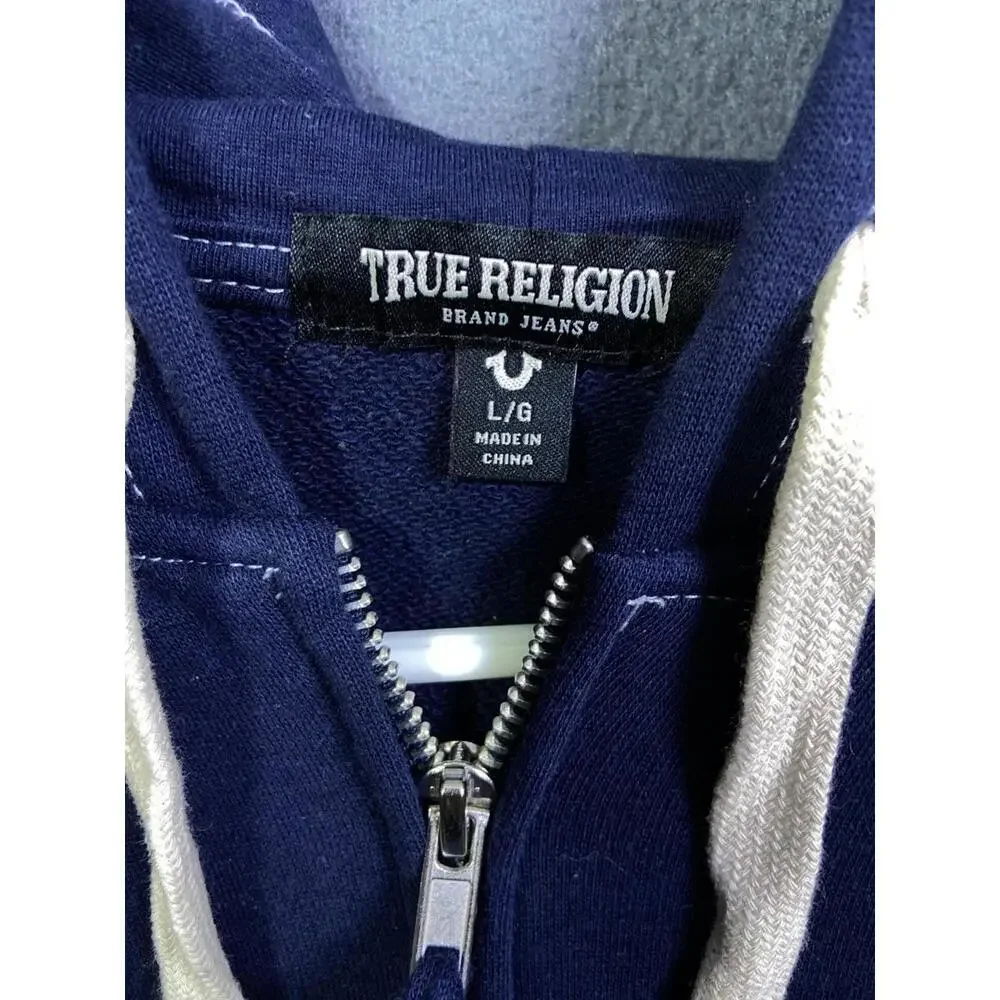 True Religion USA Blue Navy Full Zip Big Buddha Logo Hoodie Large Streetwear EUC